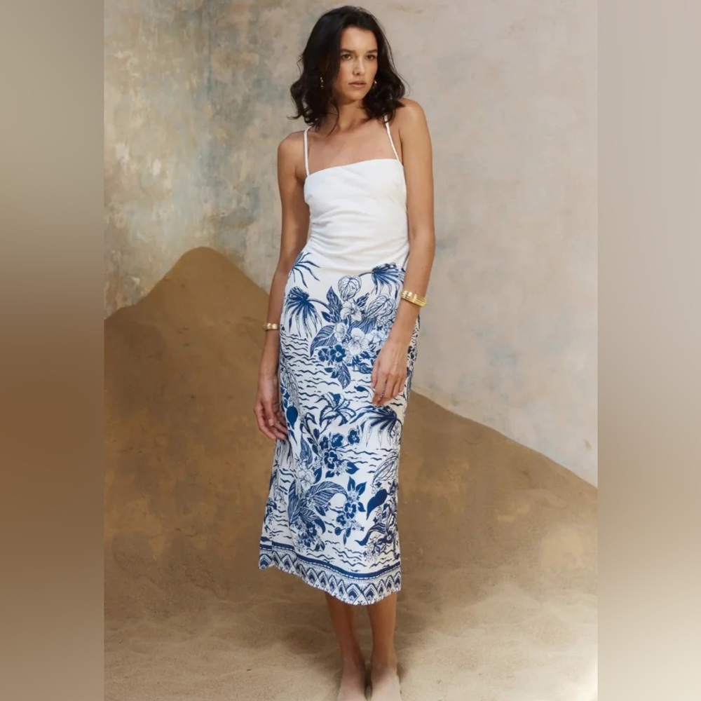 White and Blue Floral Midi Dress